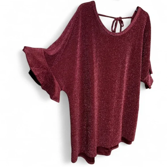 NWT Misia Curvy 2X Burgundy Metallic Sparkle Tie-Back Ruffle Sleeve Top - Picture 5 of 9